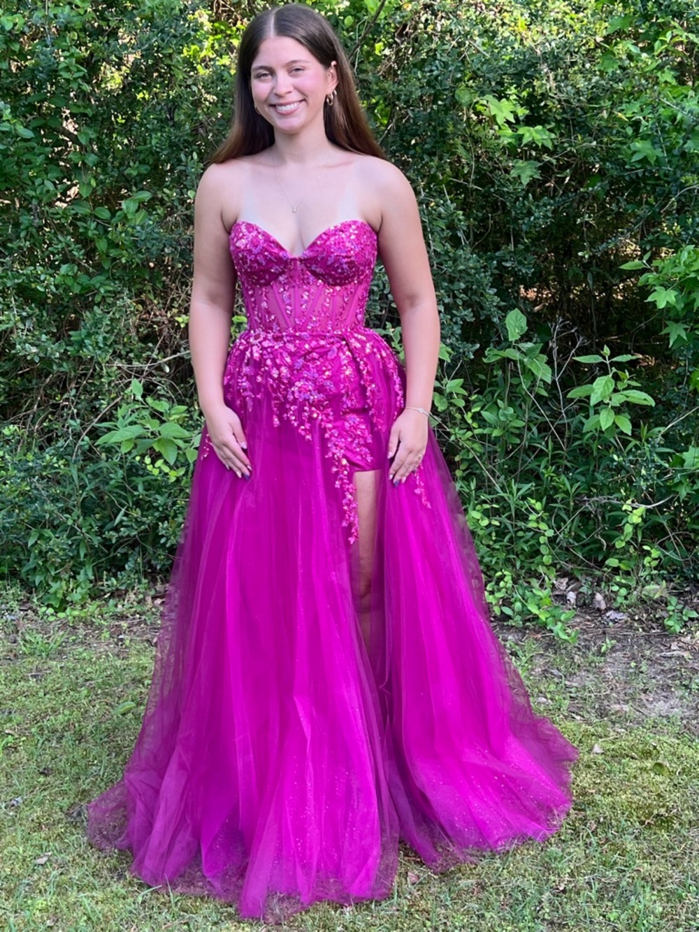 Strapless Fuchsia Tulle Ball Gown with Beaded Bodice